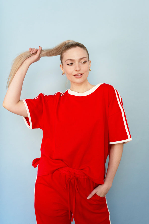 Red Casual Track Style T-Shirt