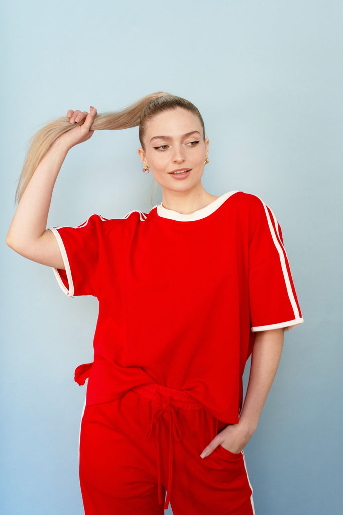 Red Casual Track Style T-Shirt