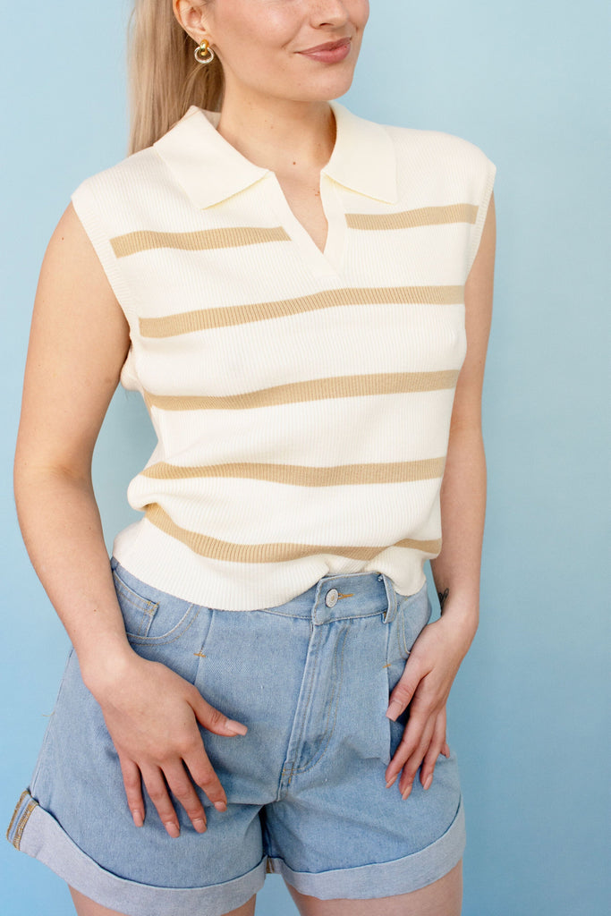 Striped Collar Polo Knit Sweater Vest