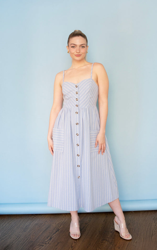 Striped Button Down Linen Midi Dress