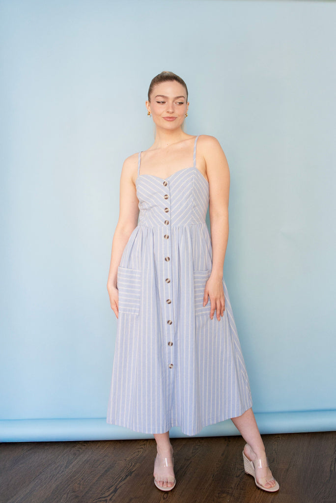 Striped Button Down Linen Midi Dress