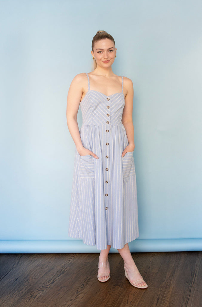 Striped Button Down Linen Midi Dress