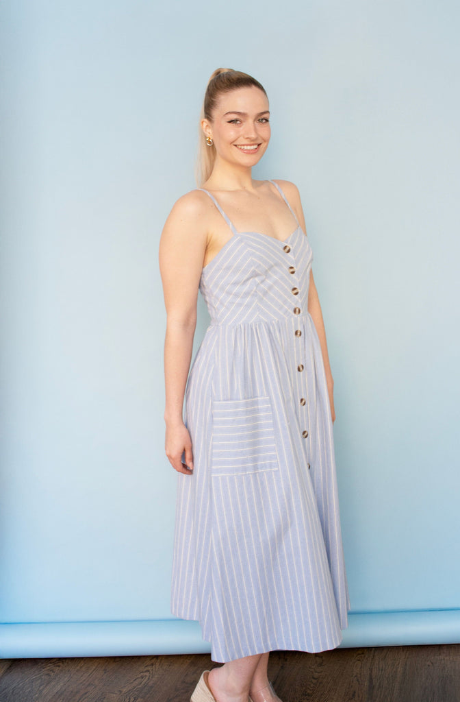 Striped Button Down Linen Midi Dress