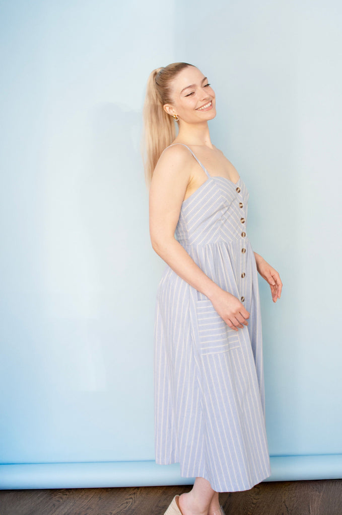 Striped Button Down Linen Midi Dress