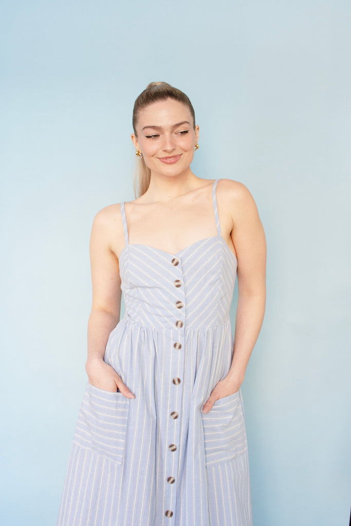 Striped Button Down Linen Midi Dress