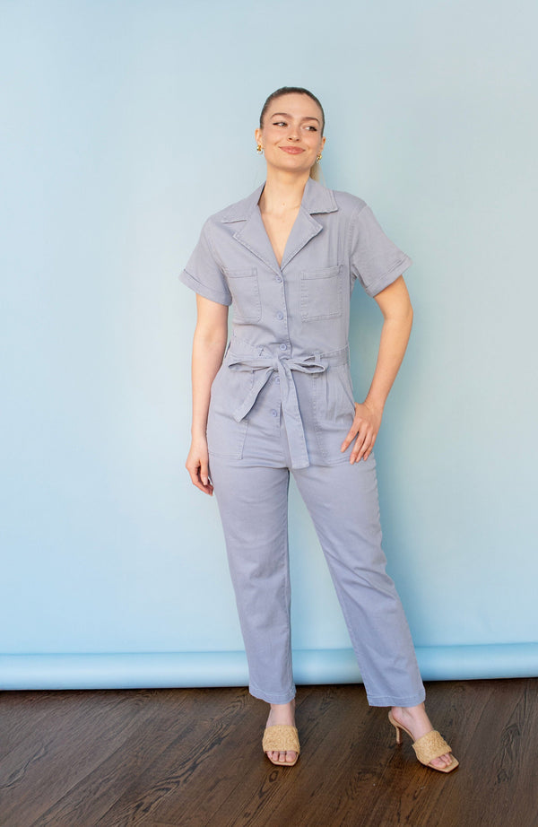 Dusty Blue Short Sleeve Washed Utility Jumpsuit