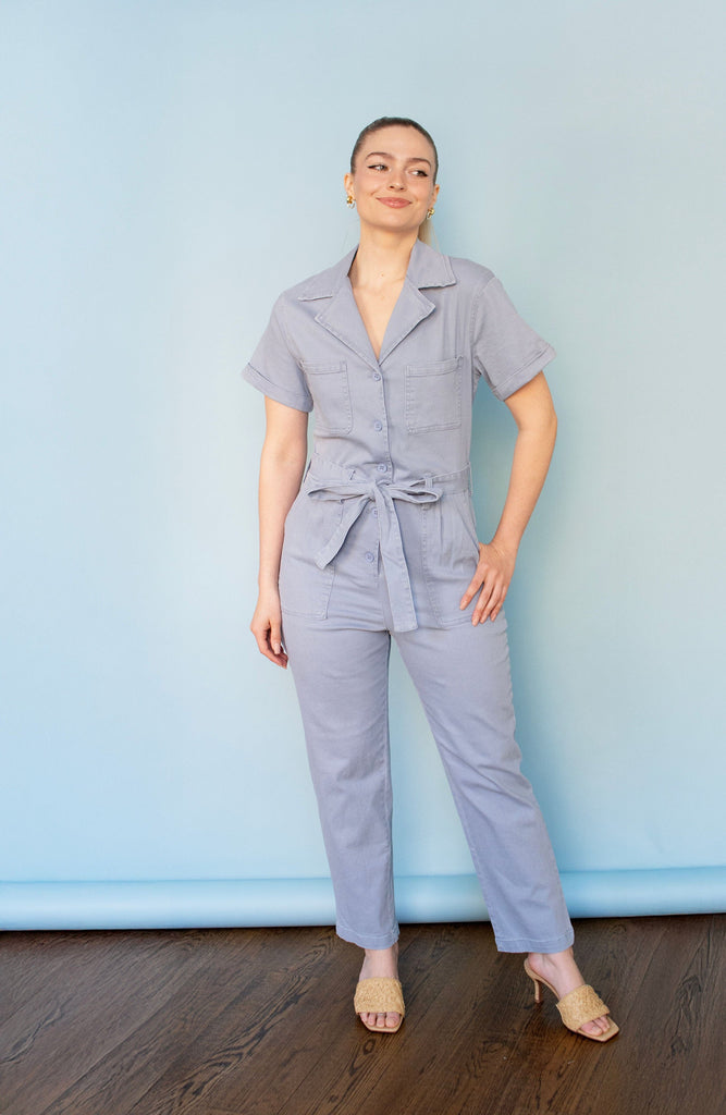 Dusty Blue Short Sleeve Washed Utility Jumpsuit