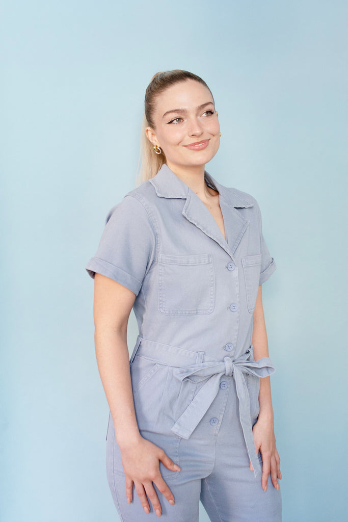 Dusty Blue Short Sleeve Washed Utility Jumpsuit