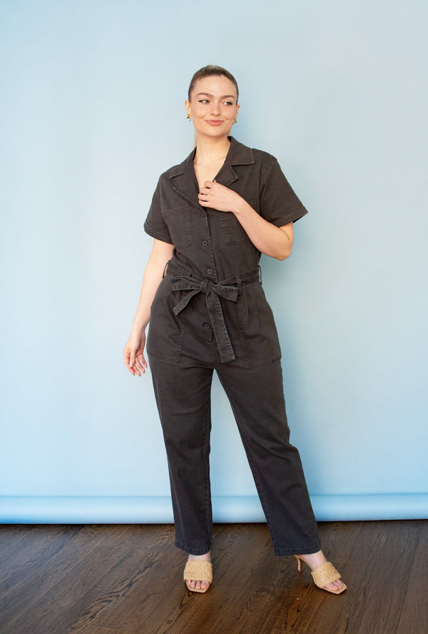 Charcoal Short Sleeve Washed Utility Jumpsuit