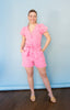 Pink Washed Zip Up Puff Sleeve Romper