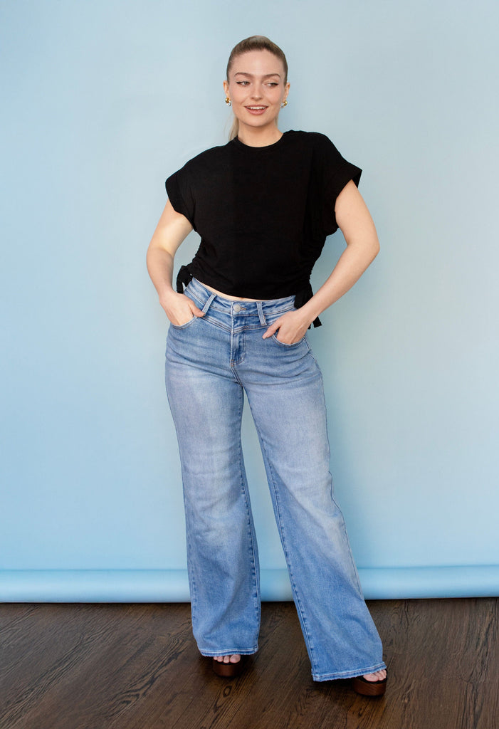 Black Short Sleeve Side Tie Detail Top