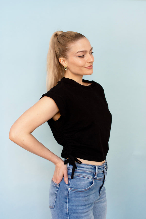 Black Short Sleeve Side Tie Detail Top
