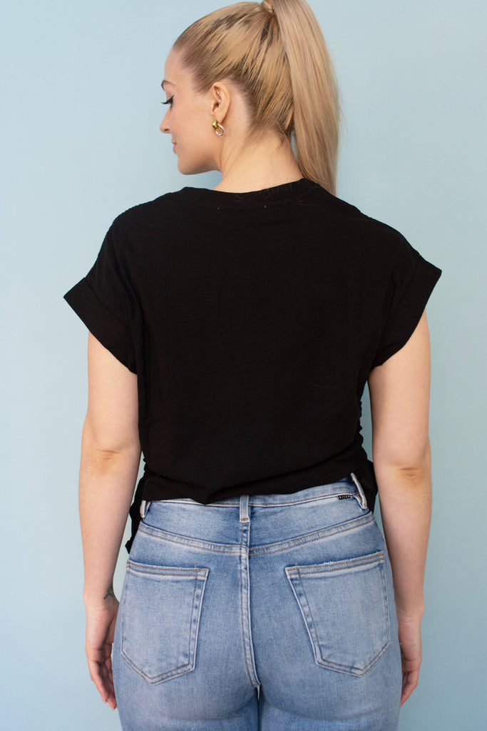Black Short Sleeve Side Tie Detail Top
