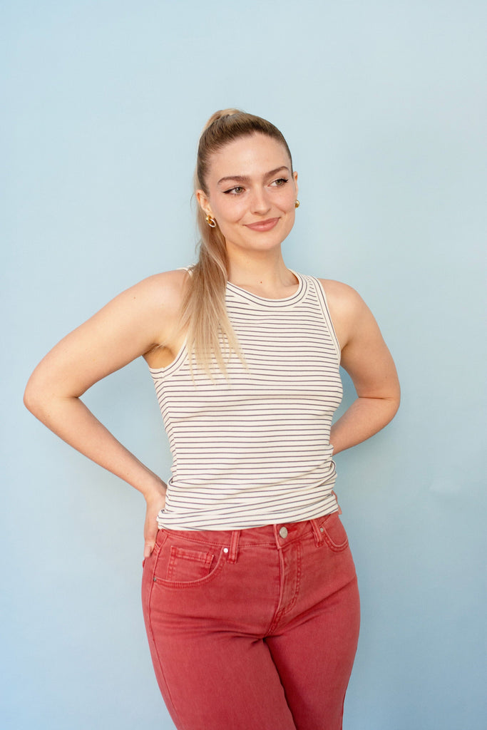 Sage Striped Ribbed Tank Top