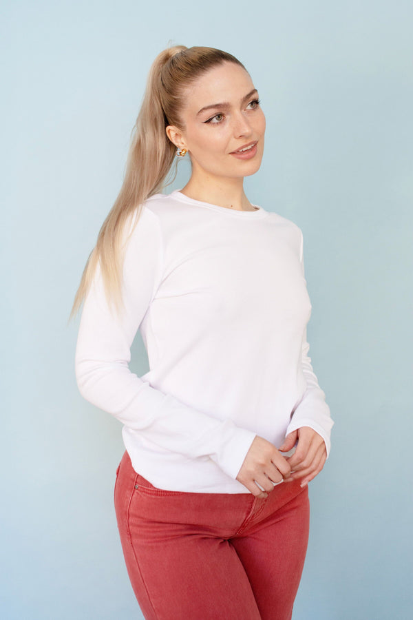 White Ribbed Long Sleeve Tee