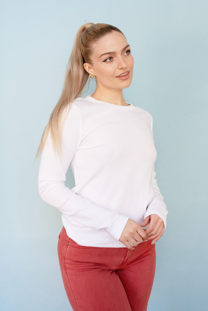 White Ribbed Long Sleeve Tee