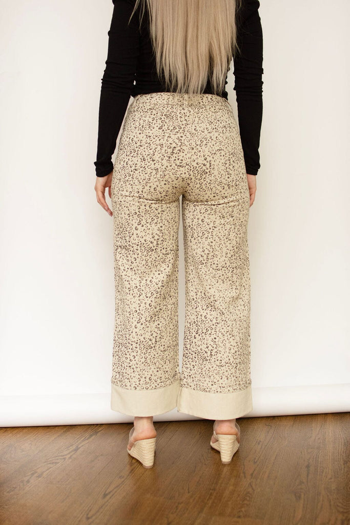 Ecru Print Wide Leg Cuffed Ankle Jeans