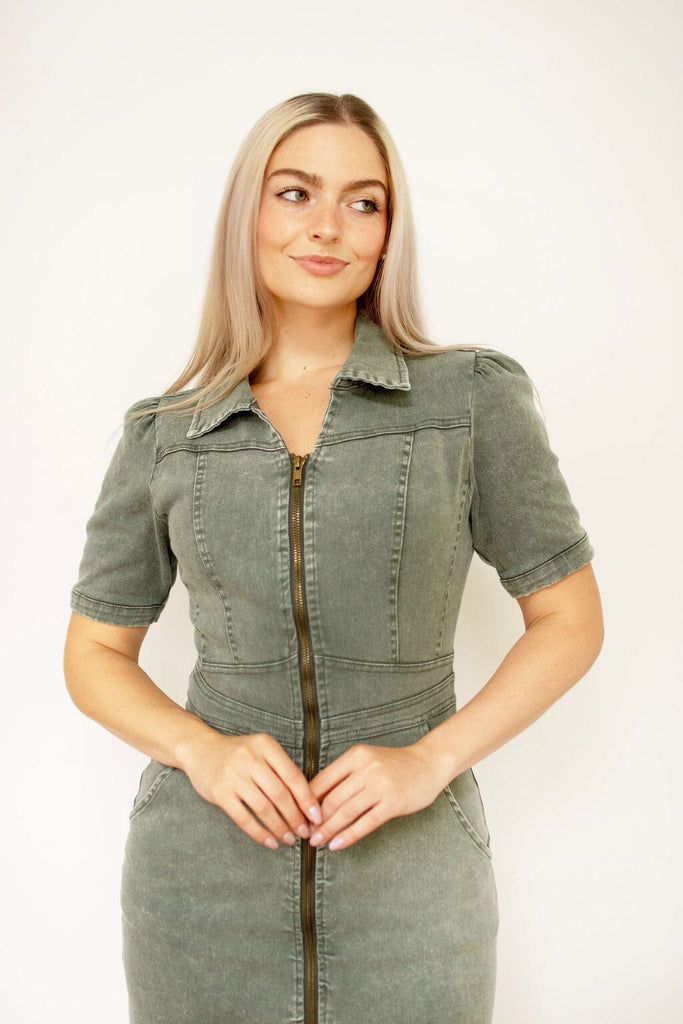 Washed Olive Denim Mini Dress