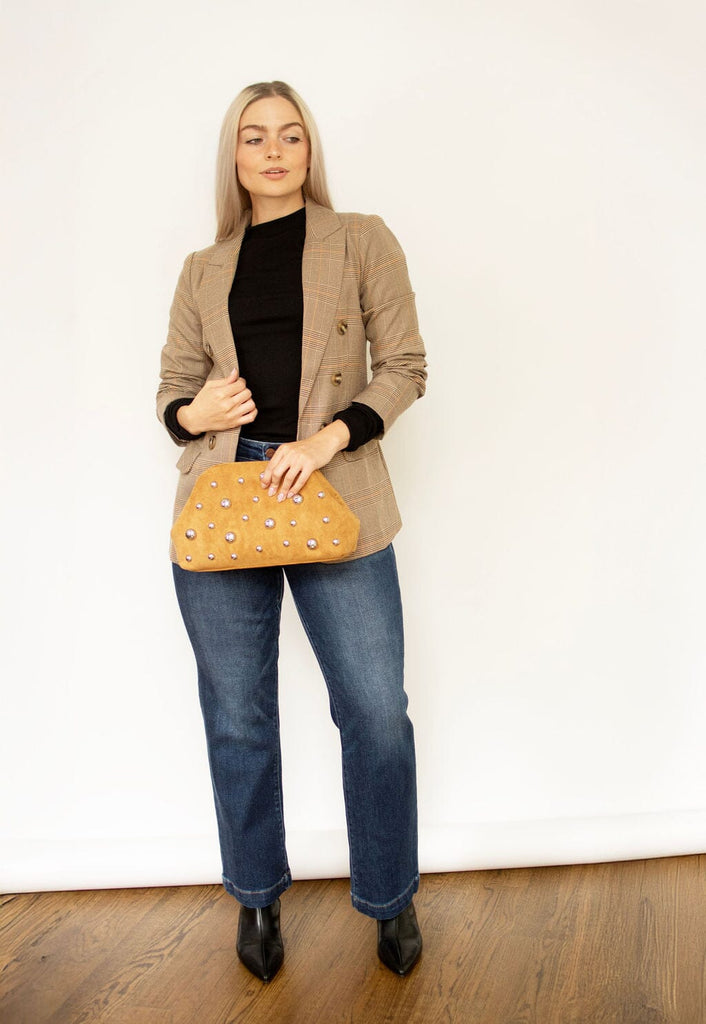 Brown Plaid Ruched Sleeve Blazer
