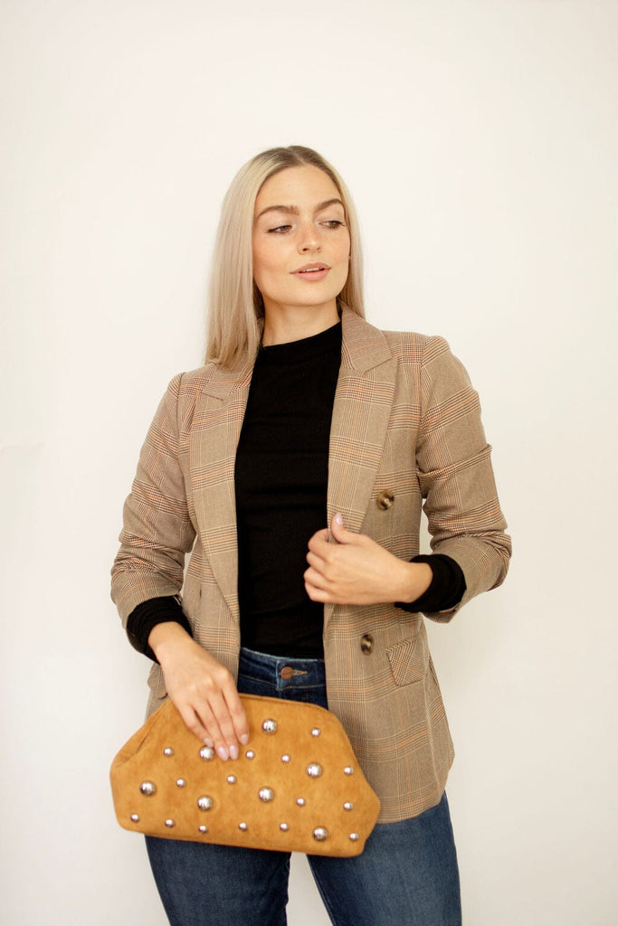 Brown Plaid Ruched Sleeve Blazer