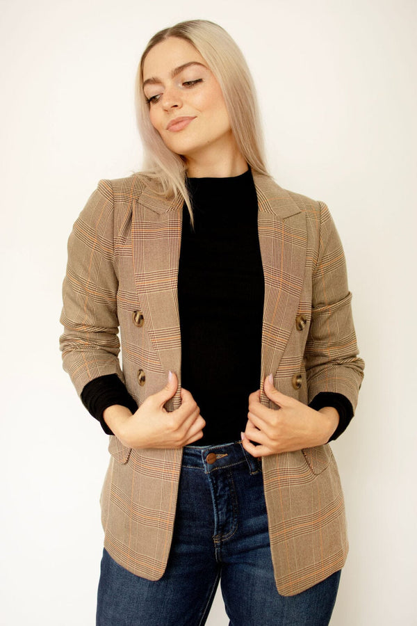 Brown Plaid Ruched Sleeve Blazer