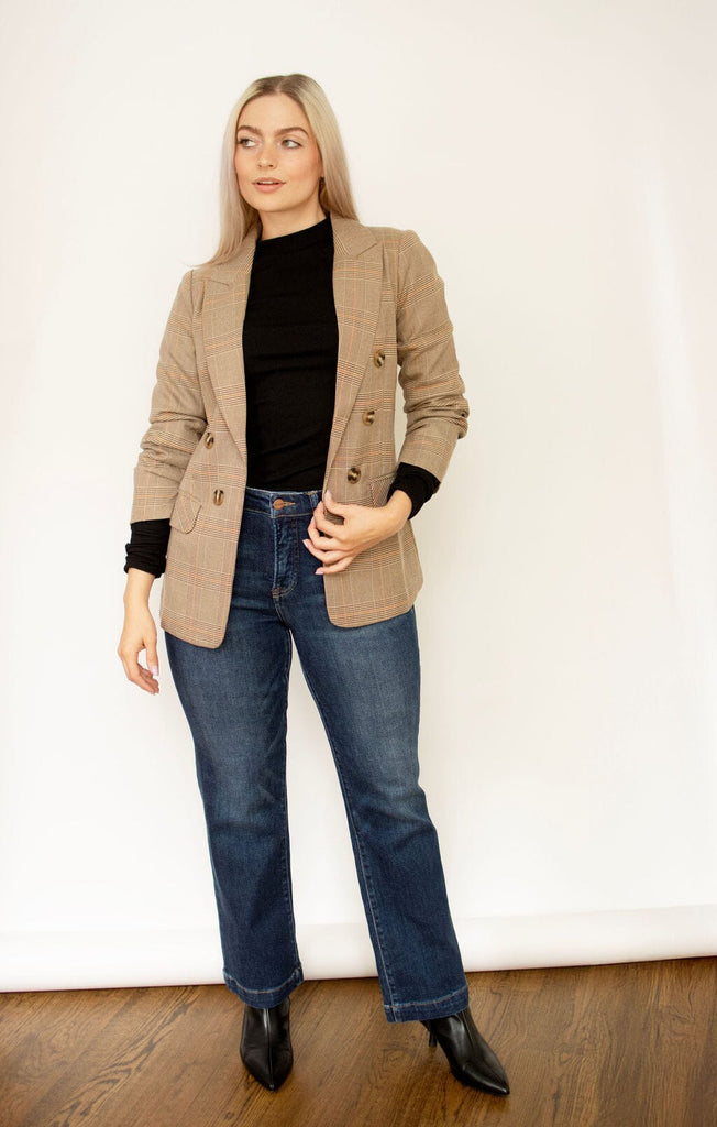 Brown Plaid Ruched Sleeve Blazer