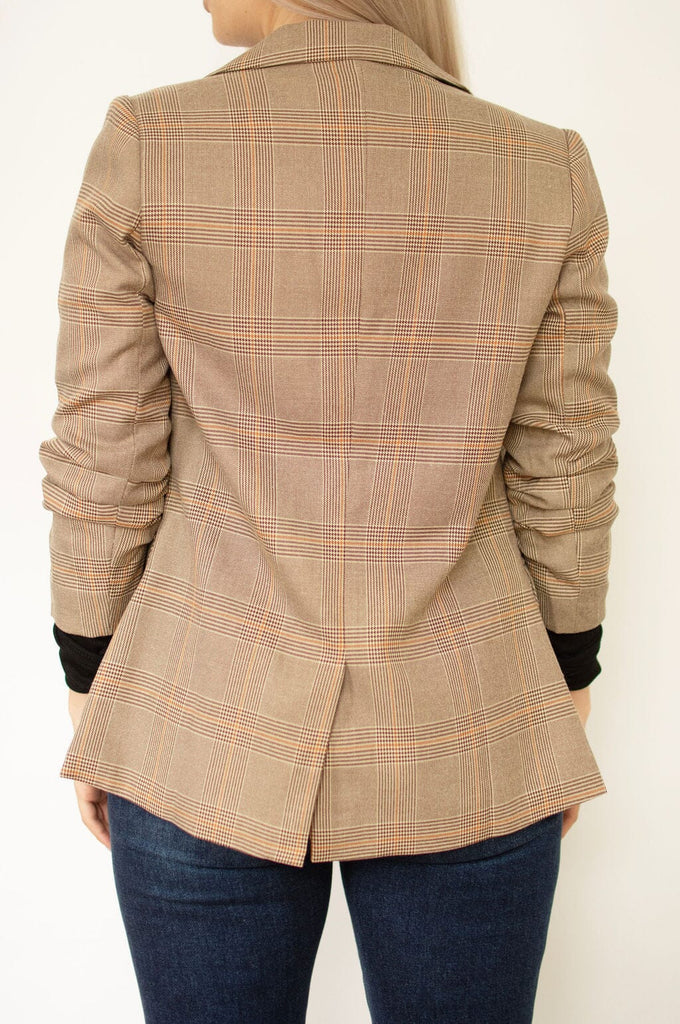 Brown Plaid Ruched Sleeve Blazer