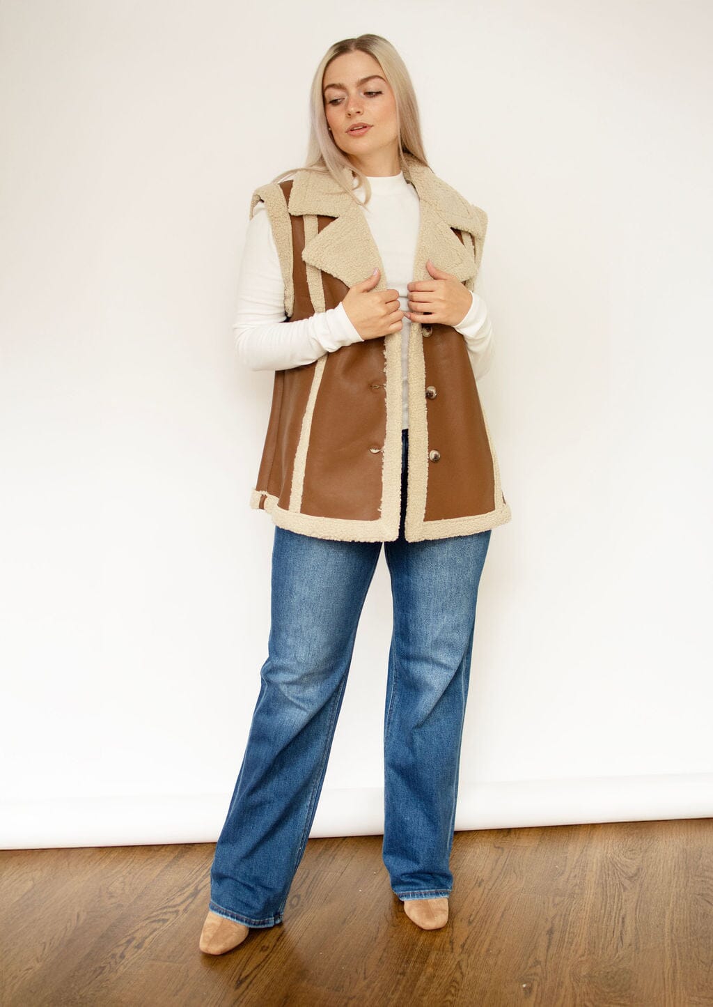 Brown Faux Leather Shearling Vest