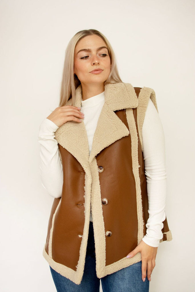 Brown Faux Leather Shearling Vest