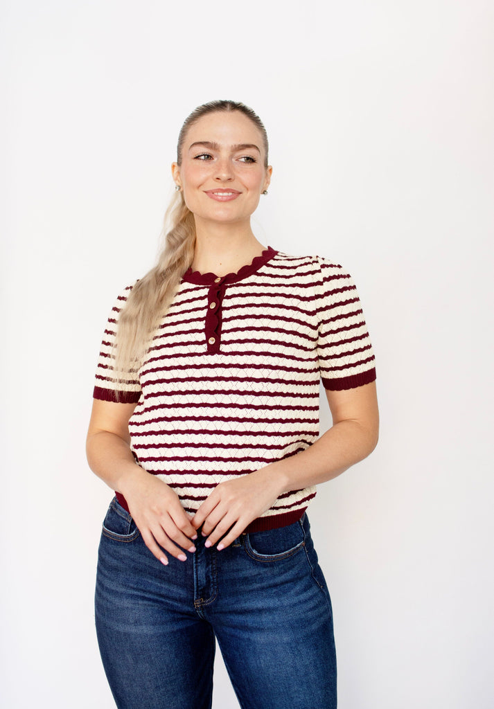 Stripe Pointelle Scallop Knit Top