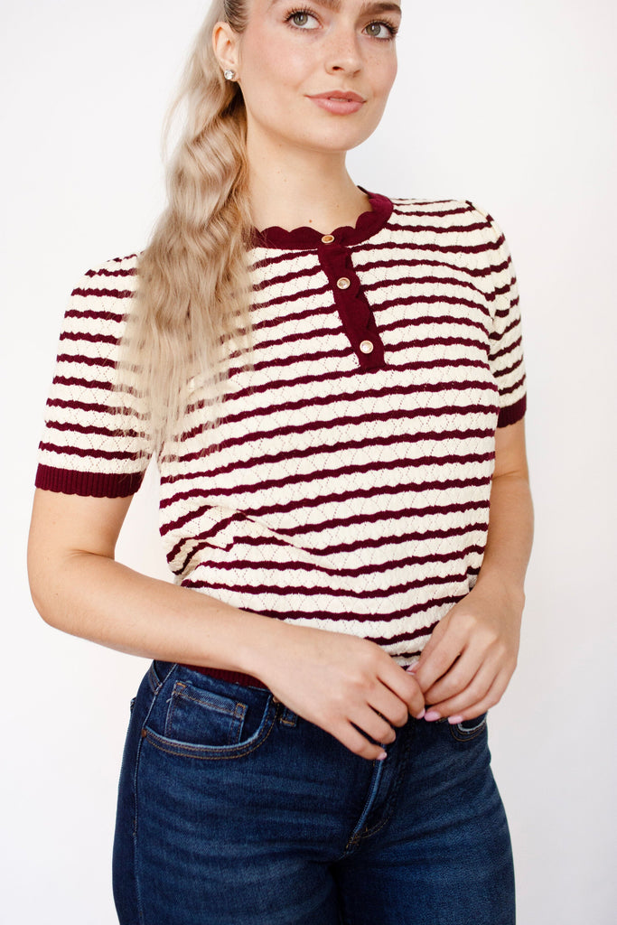 Stripe Pointelle Scallop Knit Top