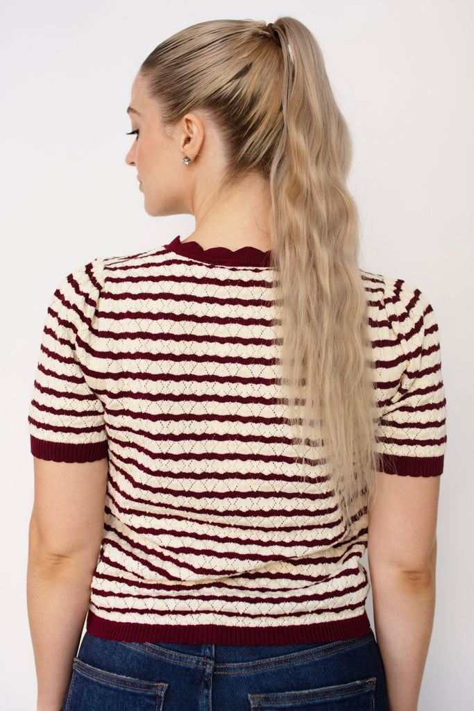 Stripe Pointelle Scallop Knit Top