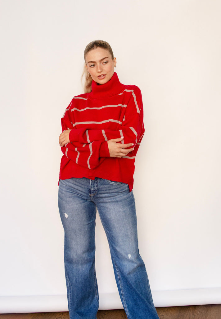 Red Stripe Relaxed Turtleneck Sweater