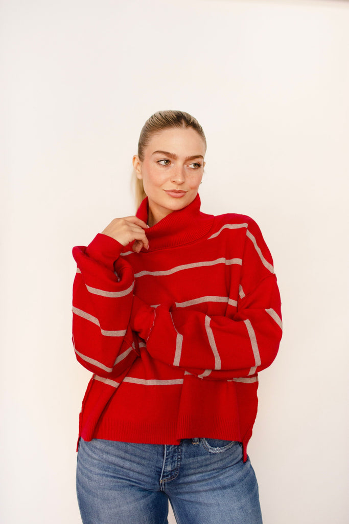 Red Stripe Relaxed Turtleneck Sweater