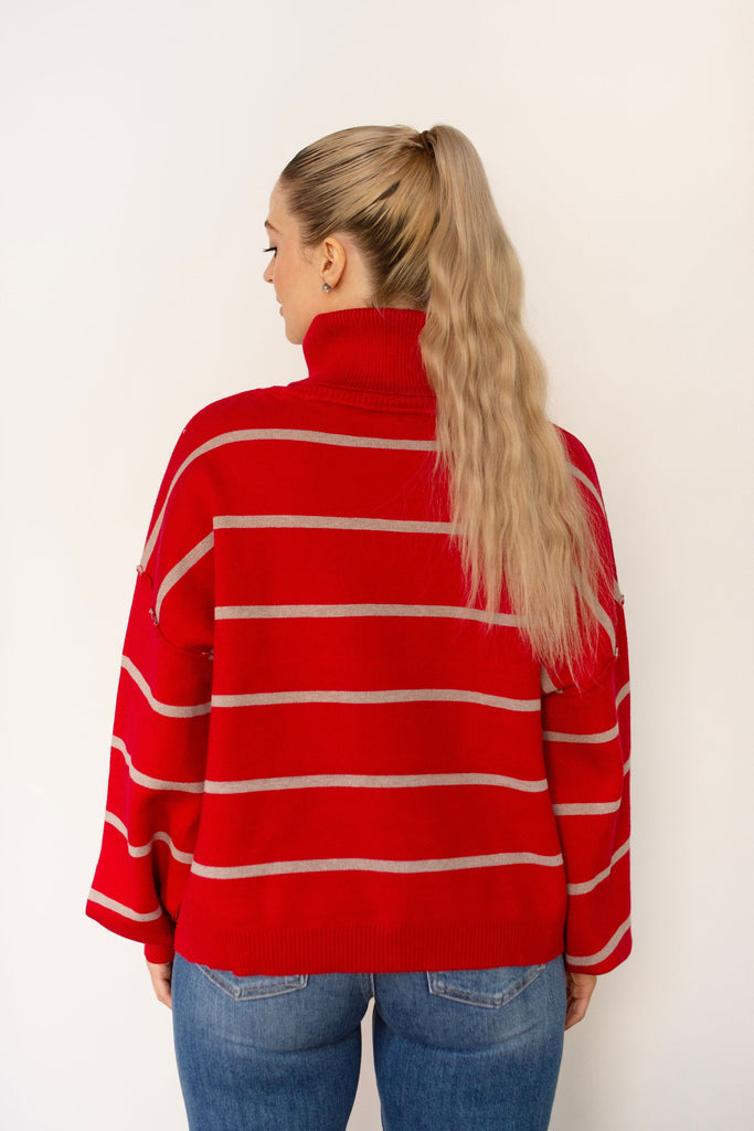 Red Stripe Relaxed Turtleneck Sweater