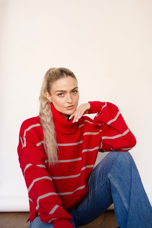 Red Stripe Relaxed Turtleneck Sweater