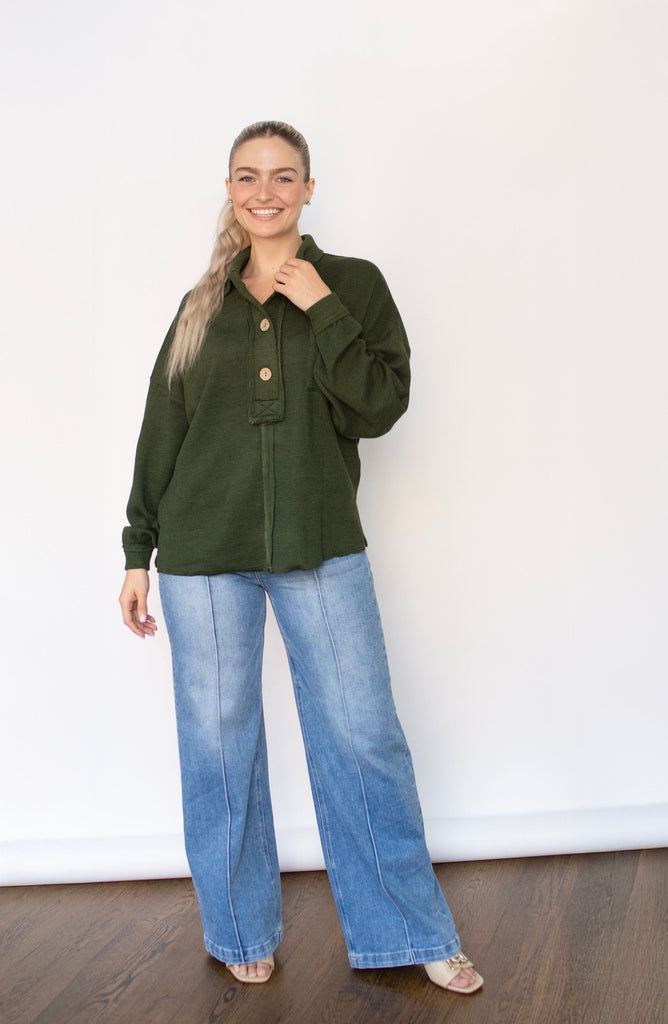 Forest Drop Shoulder Button Placket Collar Knit Top