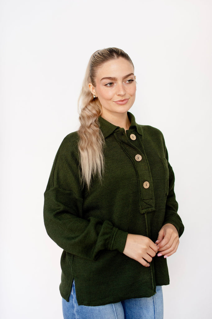 Forest Drop Shoulder Button Placket Collar Knit Top