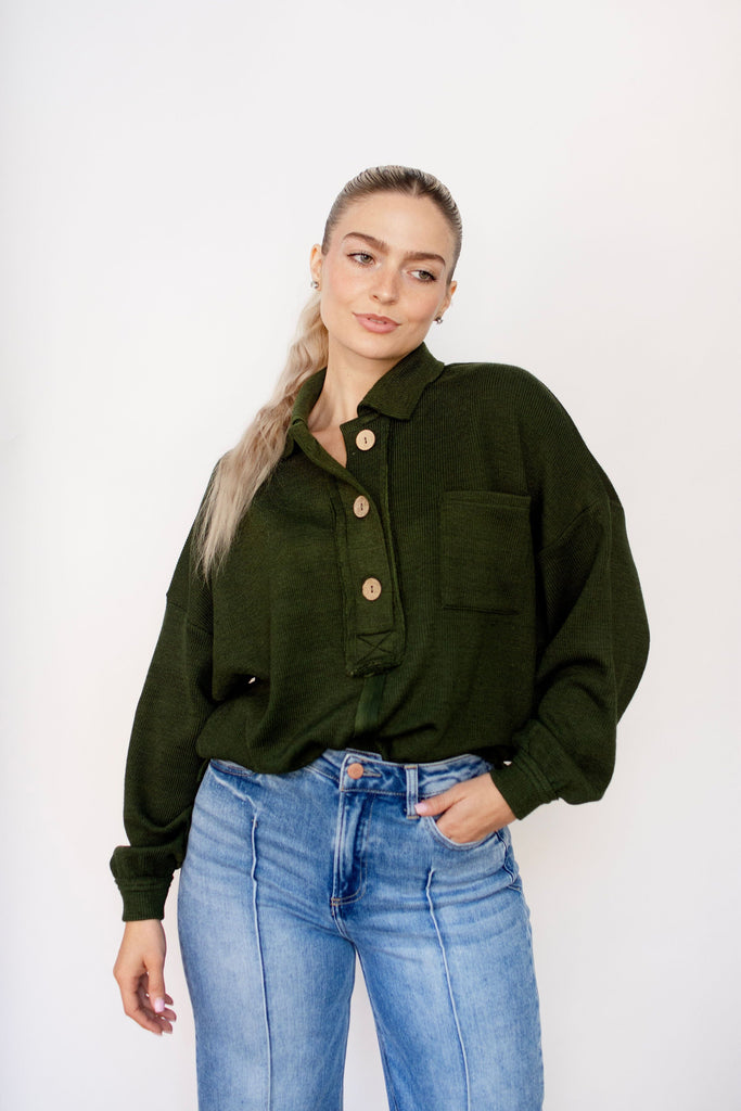 Forest Drop Shoulder Button Placket Collar Knit Top