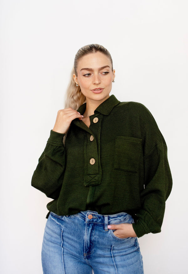 Forest Drop Shoulder Button Placket Collar Knit Top