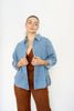 Denim Button Down Ruched Sleeve Shirt