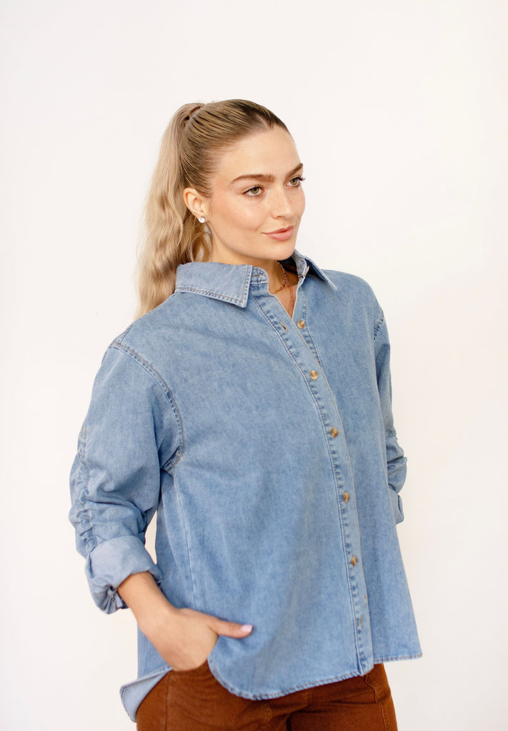 Denim Button Down Ruched Sleeve Shirt