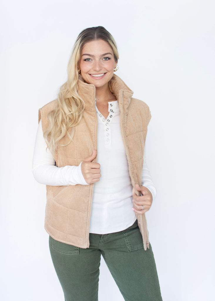 Latte Corduroy Quilted Puffer Vest