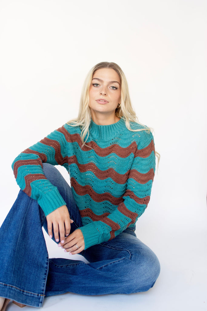 Teal Cropped Pointelle Scalloped Hem Sweater