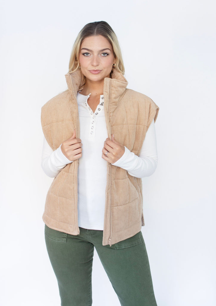 Latte Corduroy Quilted Puffer Vest