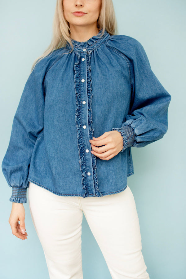 Chambray Ruffled Button Down Top