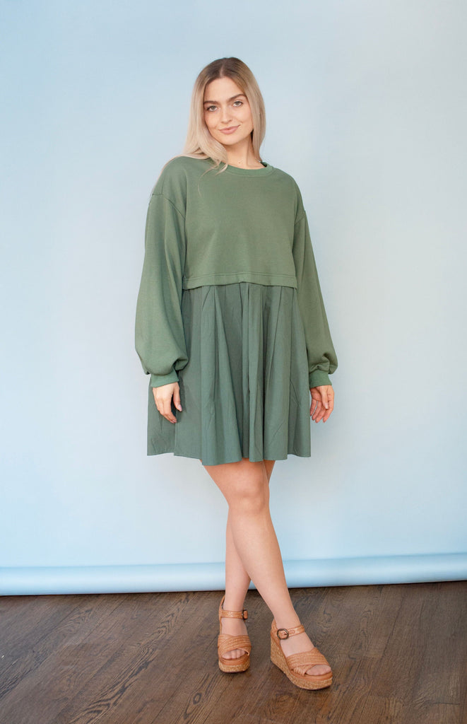 Cactus Green French Terry Pleated Dress