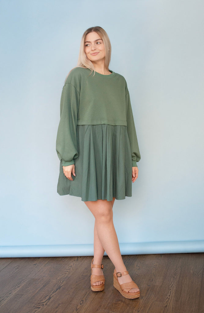 Cactus Green French Terry Pleated Dress