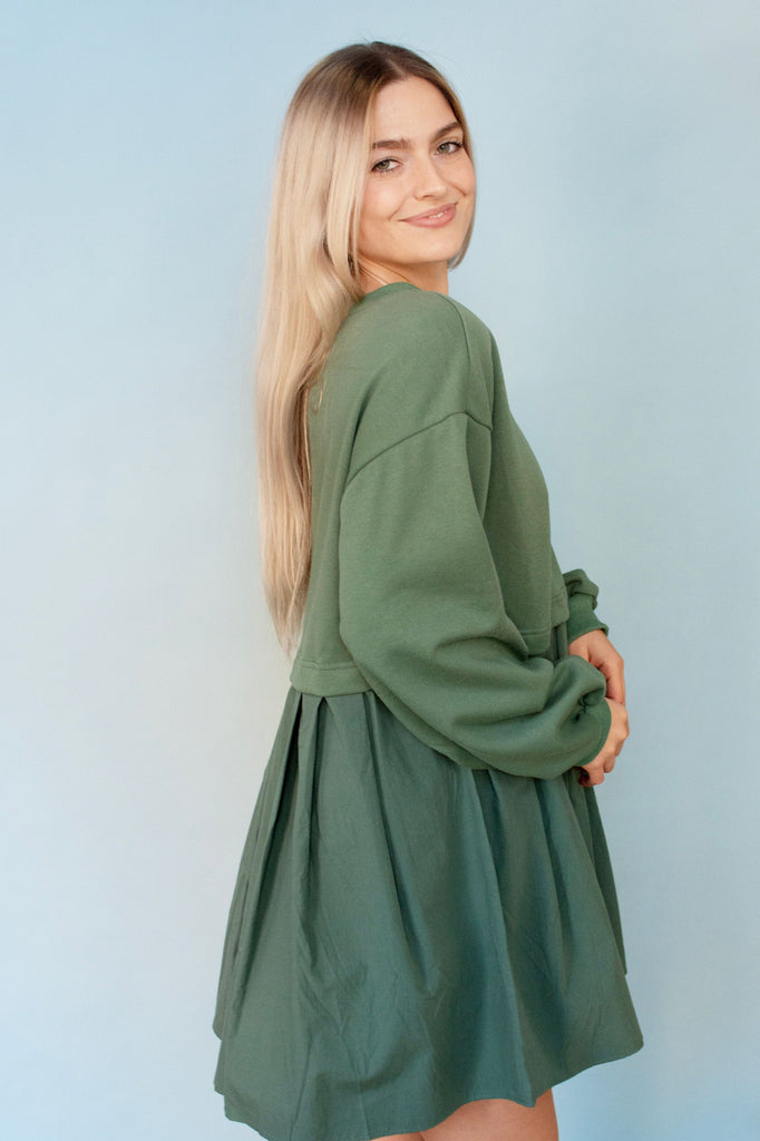 Cactus Green French Terry Pleated Dress