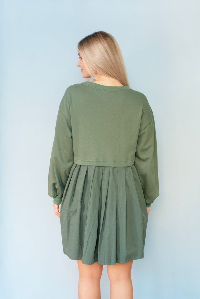 Cactus Green French Terry Pleated Dress